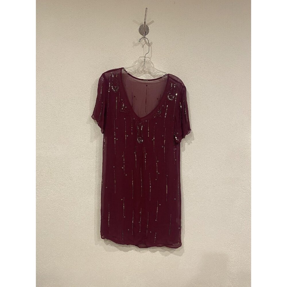 Chan Luu Beaded Sequin Shift Dress Womens XS Red Sheer Chiffon Mini Party
